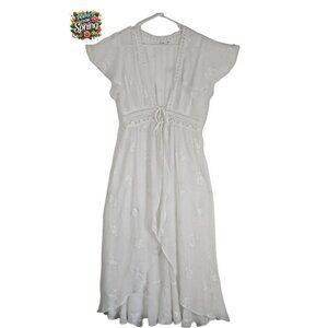 Bluivy S Woman Bohemian White Midi Dress – Crochet Trim, V-Neck, Sheer Overlay🌸